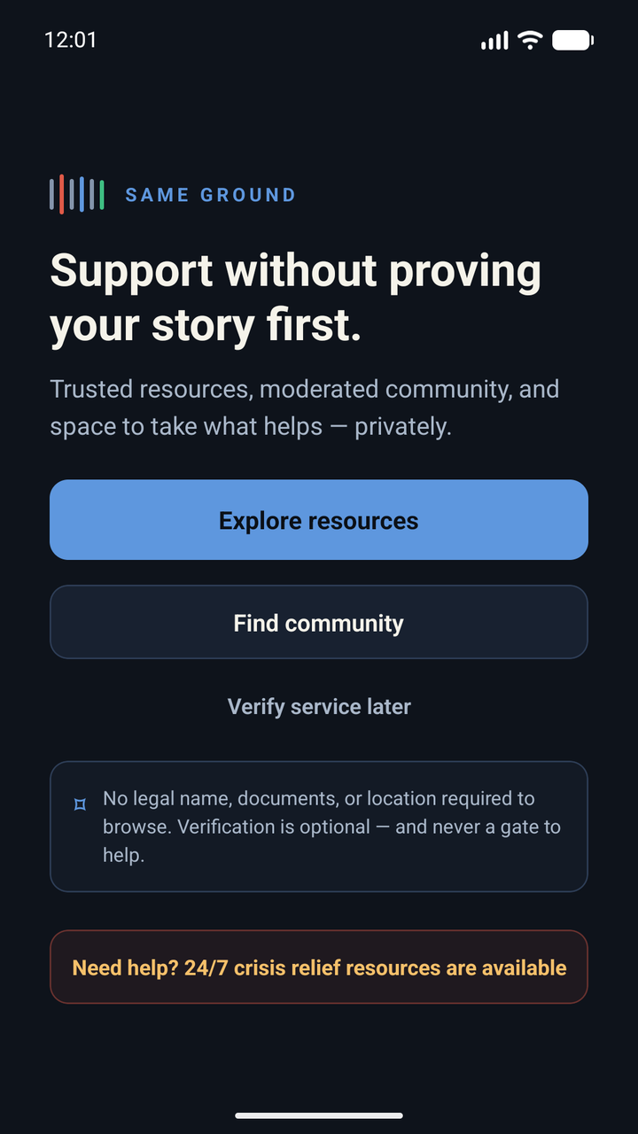 Same Ground welcome screen reading 'Support without proving your story first', offering to explore resources or find community, and noting that no legal name, documents, or location are required to browse.