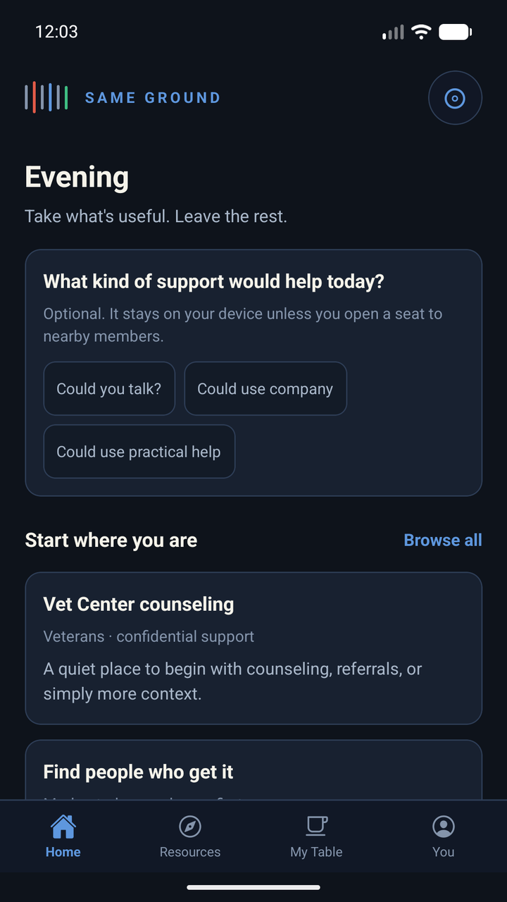 Home screen asking what kind of support would help today - talk, company, or practical help - above a nearby Vet Center counseling listing.