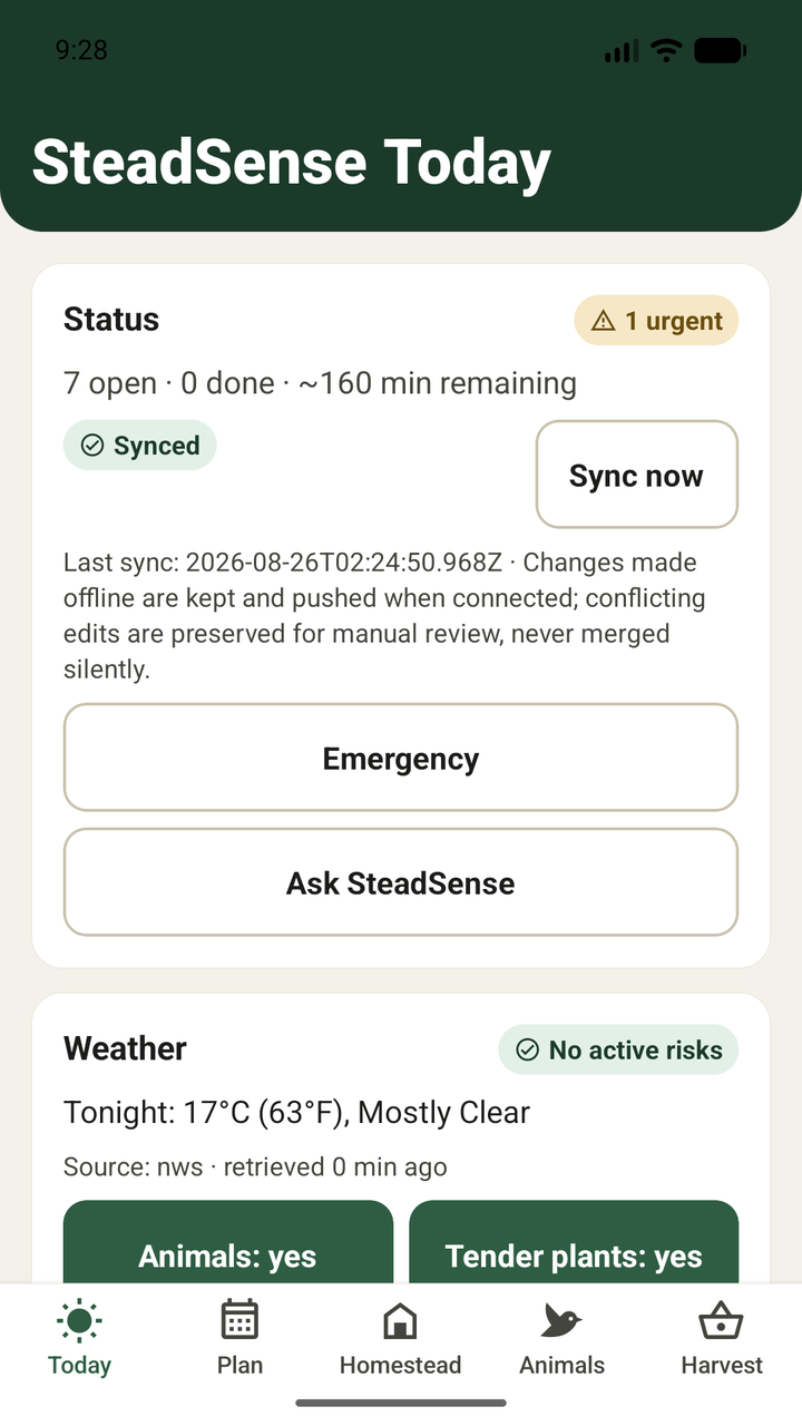 SteadSense Today screen: sync state, emergency and ask entry points, and a live National Weather Service forecast.