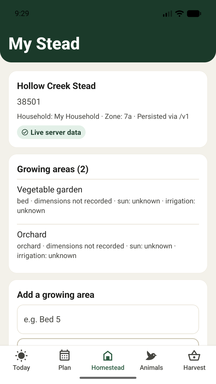 My Stead screen: the homestead record with its resolved hardiness zone and growing areas.