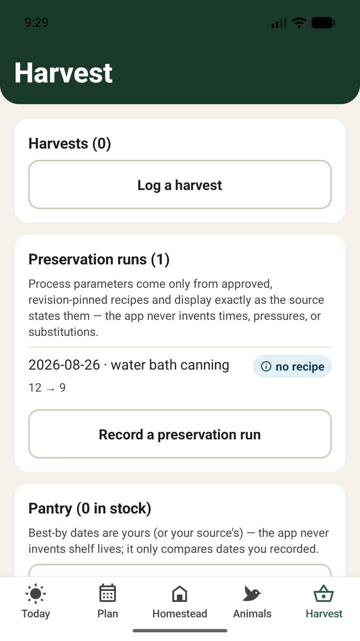 Harvest screen: preservation runs, a 'no recipe' honesty label, and the pantry.