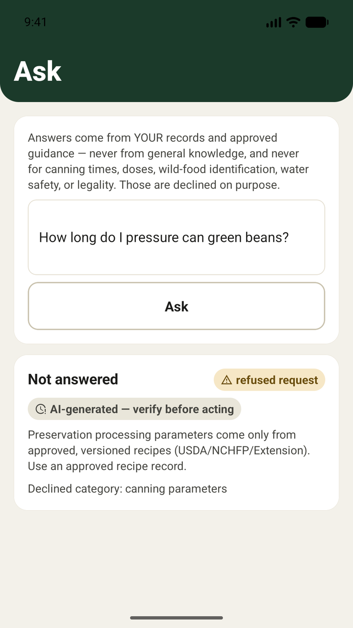 Ask screen declining a canning-parameter question on safety grounds rather than guessing at it.