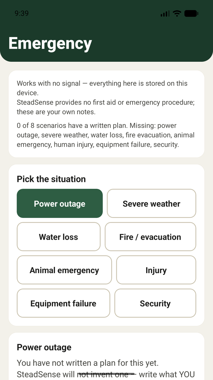 Emergency screen: the offline emergency packet and its scenario picker.