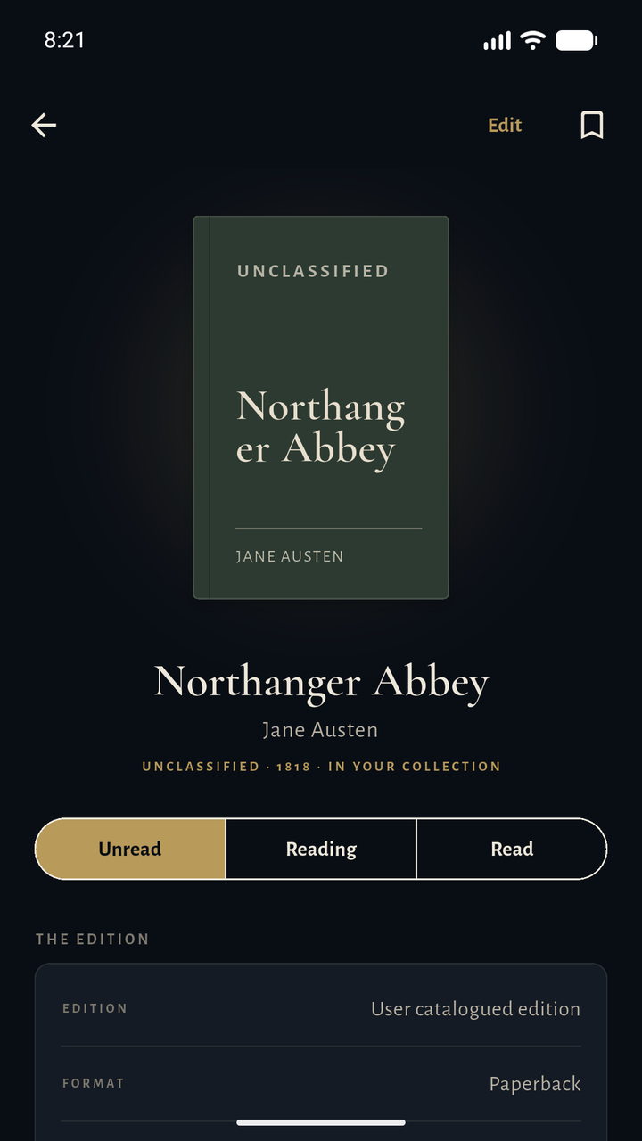 Northanger Abbey catalogue detail with Jane Austen, publication year, reading state, and edition information.