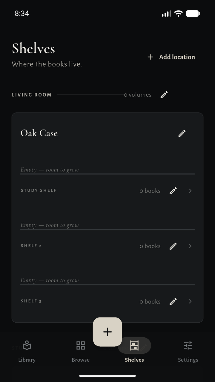 Shelf organizer showing Living Room, Oak Case, and the renamed Study Shelf.