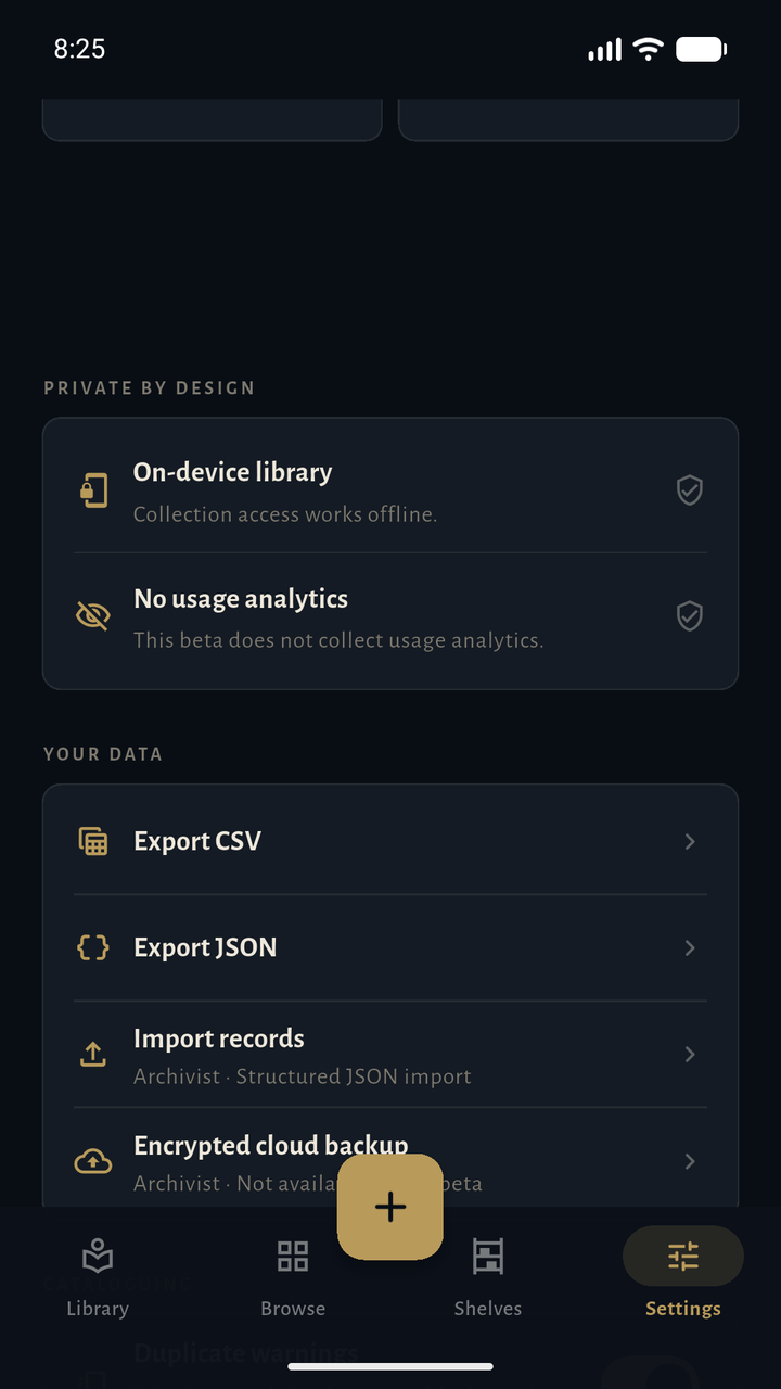 Privacy and data settings showing on-device storage, no usage analytics, exports, and Archivist gates.